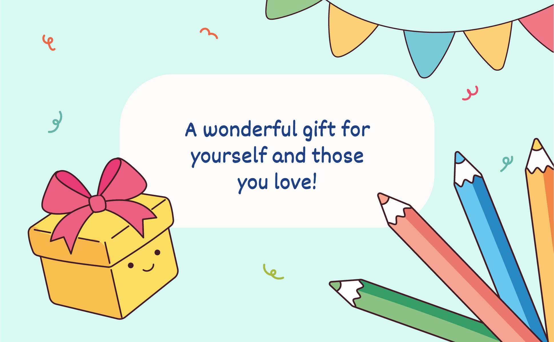 A wrapped present and colored pencils, the book as a gift for yourself or someone you love