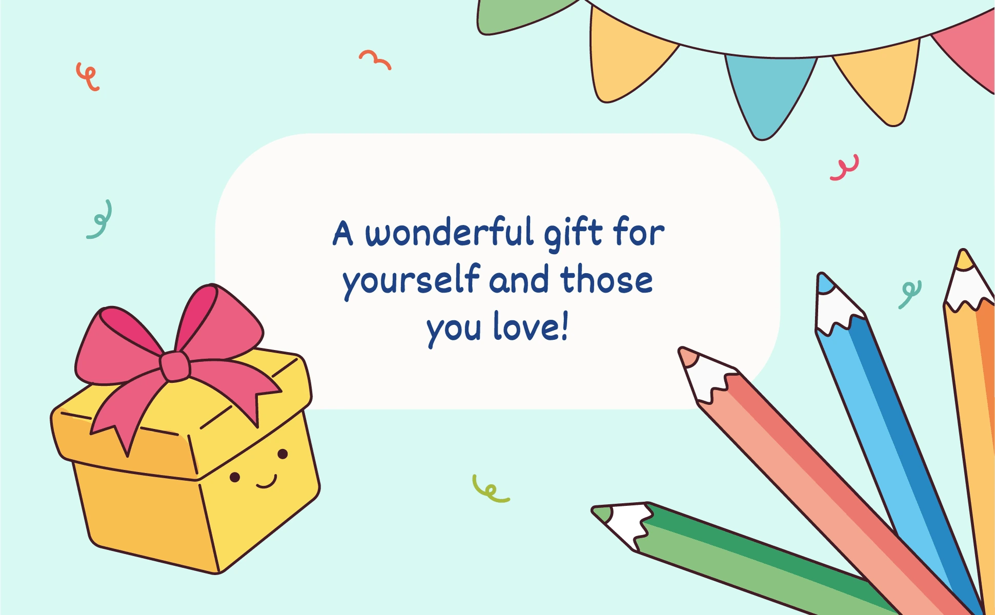 A wrapped present and colored pencils, the book as a gift for yourself or someone you love