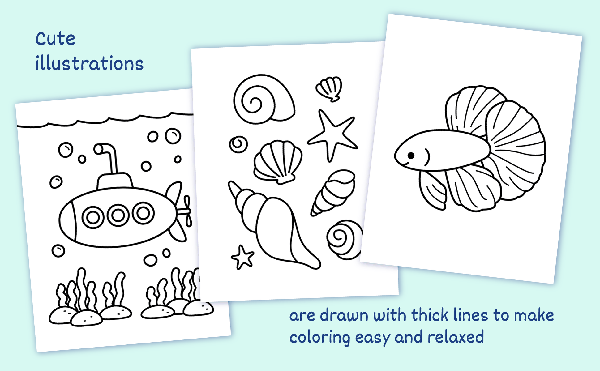 Three pages from the book: a submarine among seaweed, a group of shells and starfish, and a betta fish, all drawn with thick lines