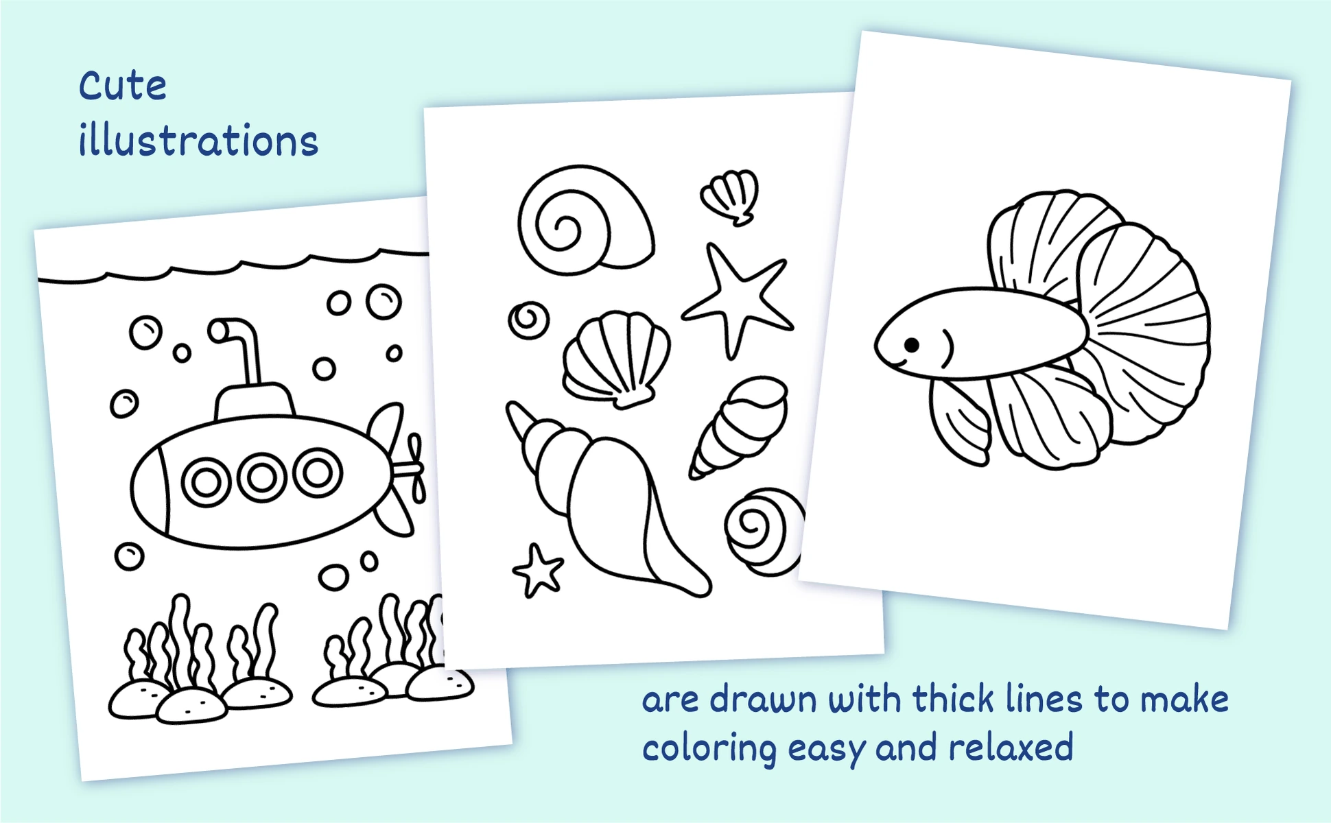Three pages from the book: a submarine among seaweed, a group of shells and starfish, and a betta fish, all drawn with thick lines