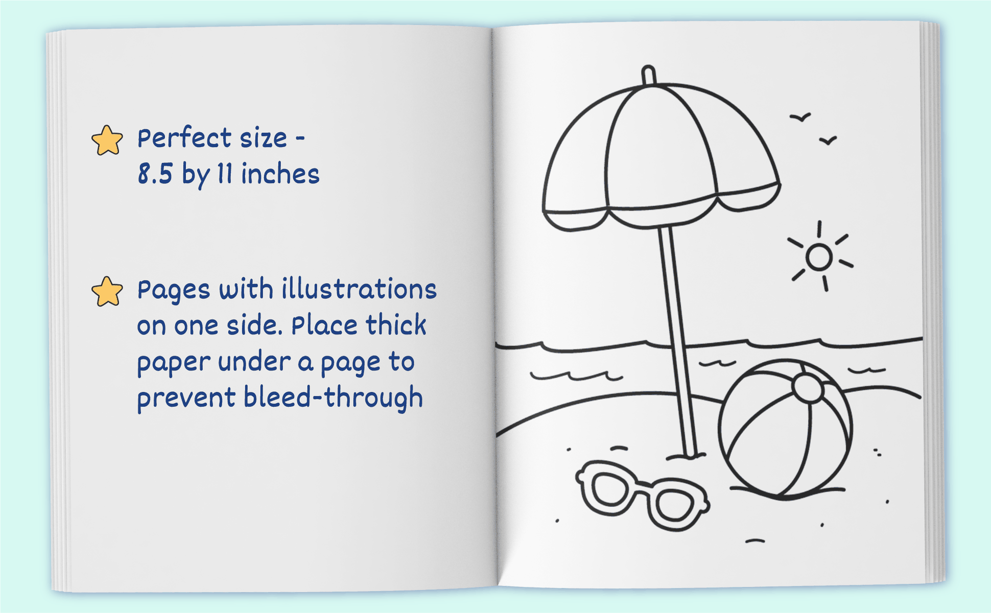 The book open at a beach umbrella and a ball, showing the 8.5 by 11 inch page and designs printed on one side only