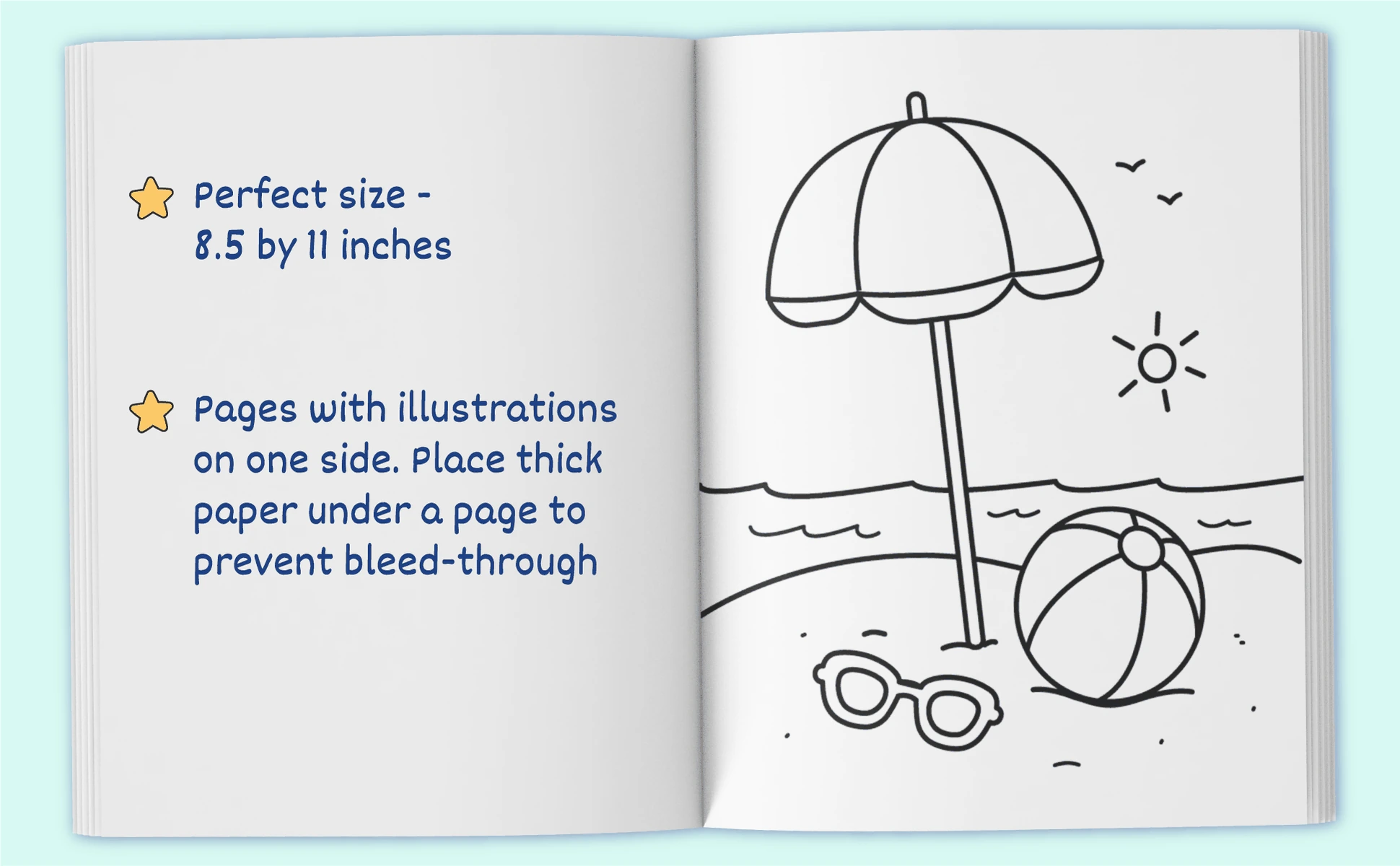 The book open at a beach umbrella and a ball, showing the 8.5 by 11 inch page