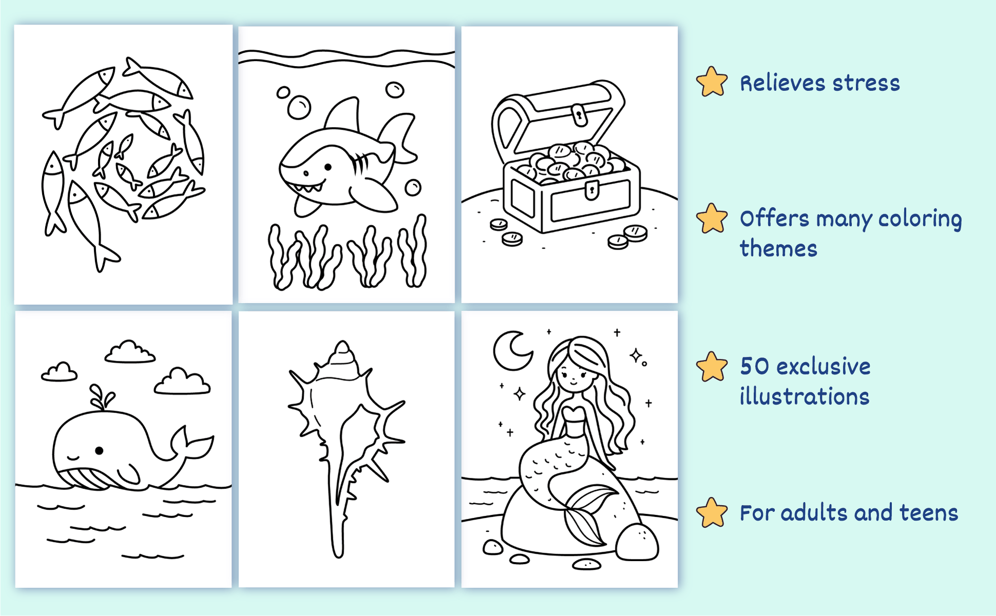 Six more designs from the book: a school of fish, a shark, a treasure chest, a whale, a spiral shell and a mermaid on a rock