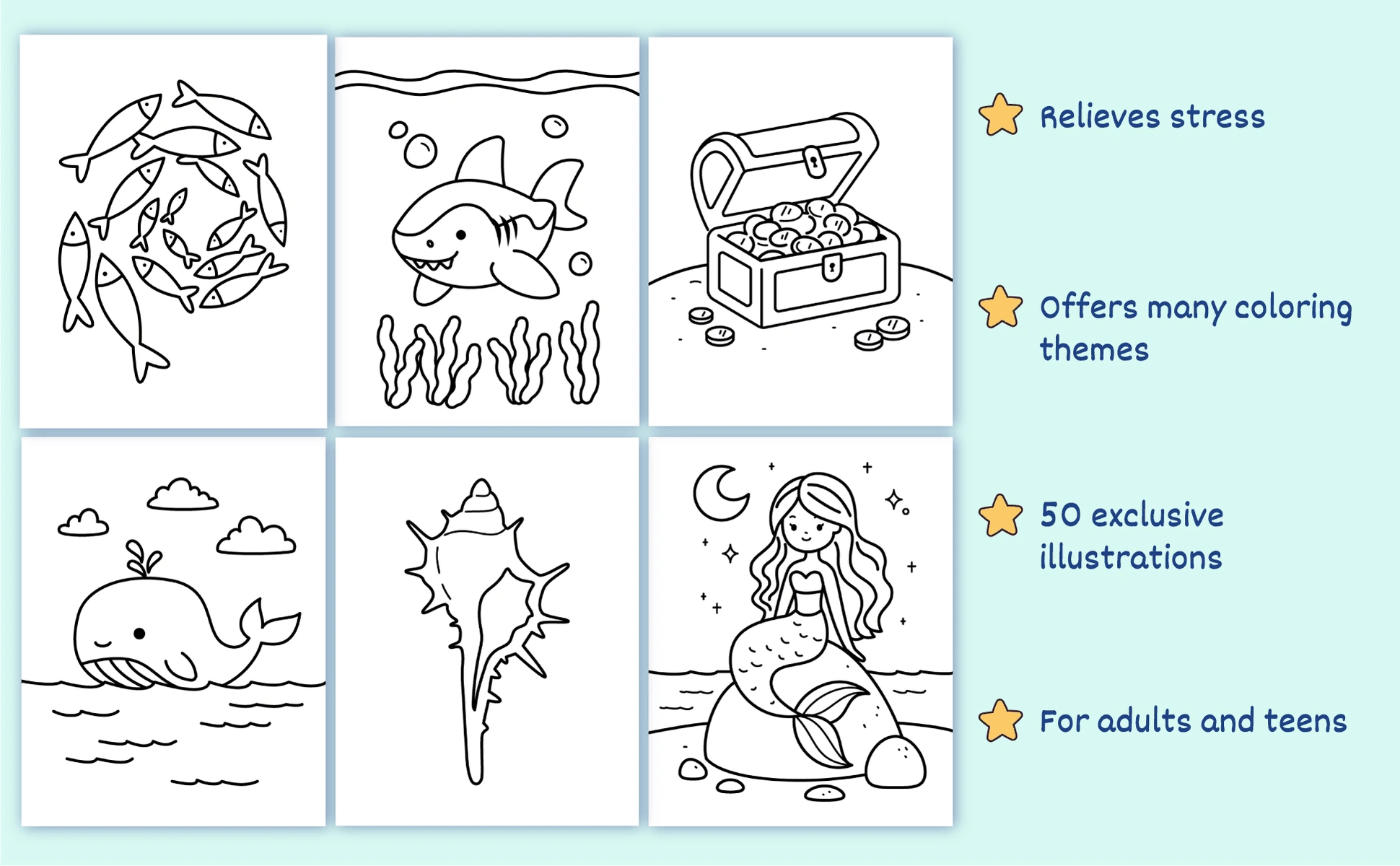 Six more designs from the book: a school of fish, a shark, a treasure chest, a whale, a spiral shell and a mermaid on a rock