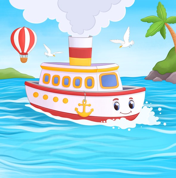 At the beach: a smiling steamboat sailing past an island, with seagulls and a hot air balloon