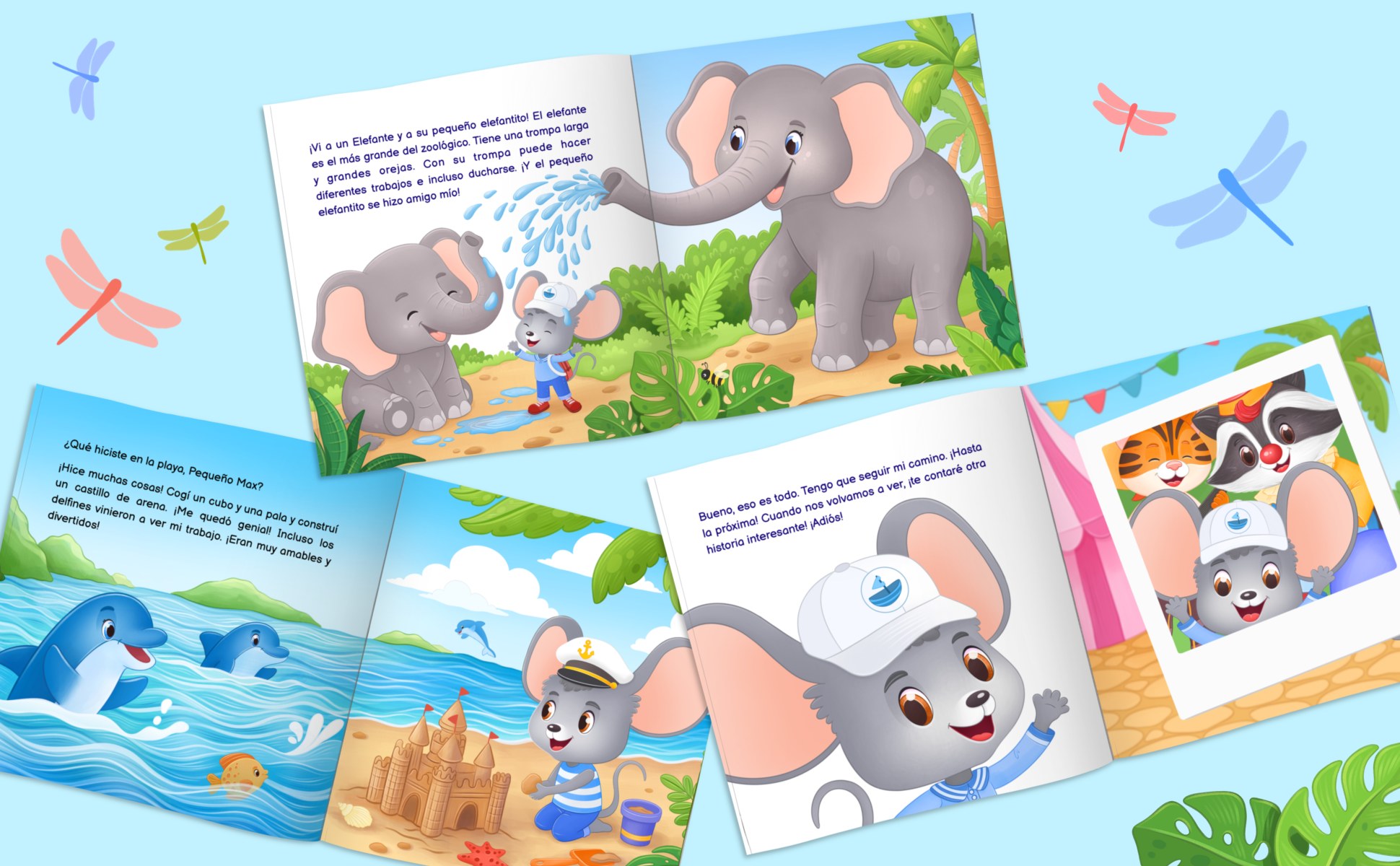 Tres páginas dobles más: un elefante que ducha a Max con la trompa, los delfines que miran su castillo de arena y Max diciendo adiós en el mercadillo