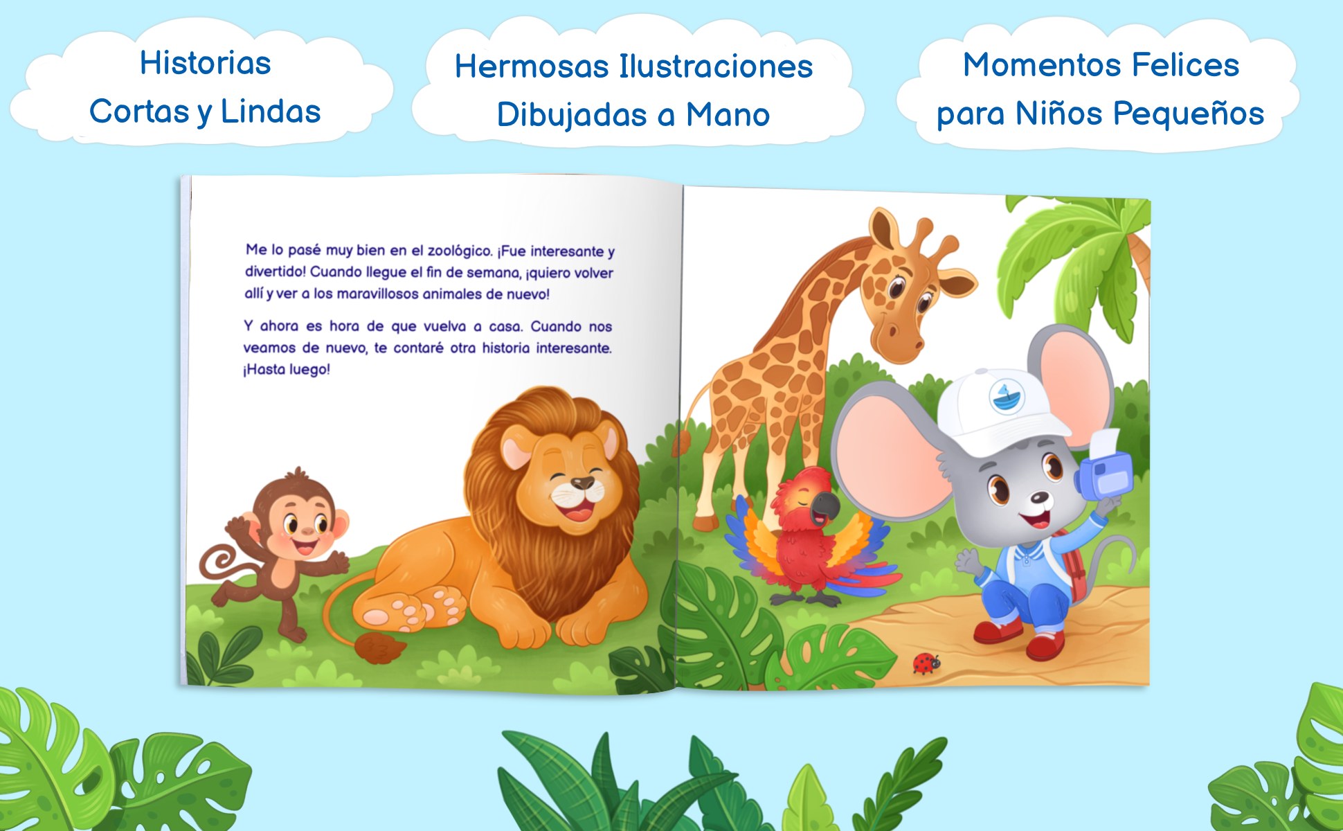 Una página doble del libro: Max fotografía a un león, un mono y una jirafa en el zoológico, con un texto corto en la página de la izquierda