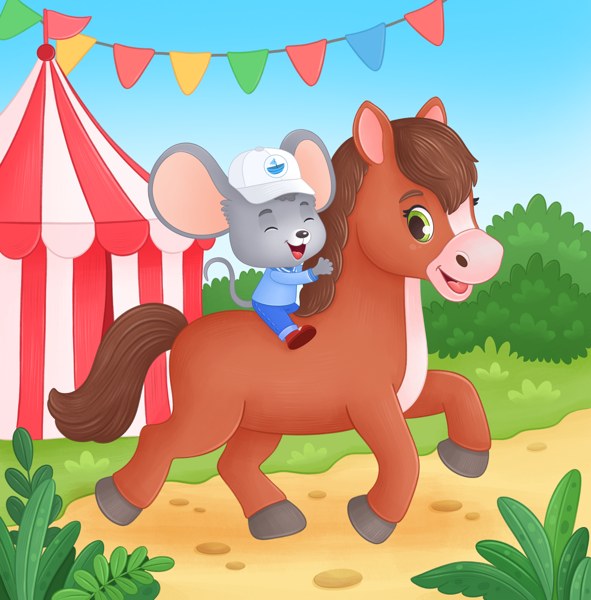 At the fair: Max the mouse riding a pony past the striped tent