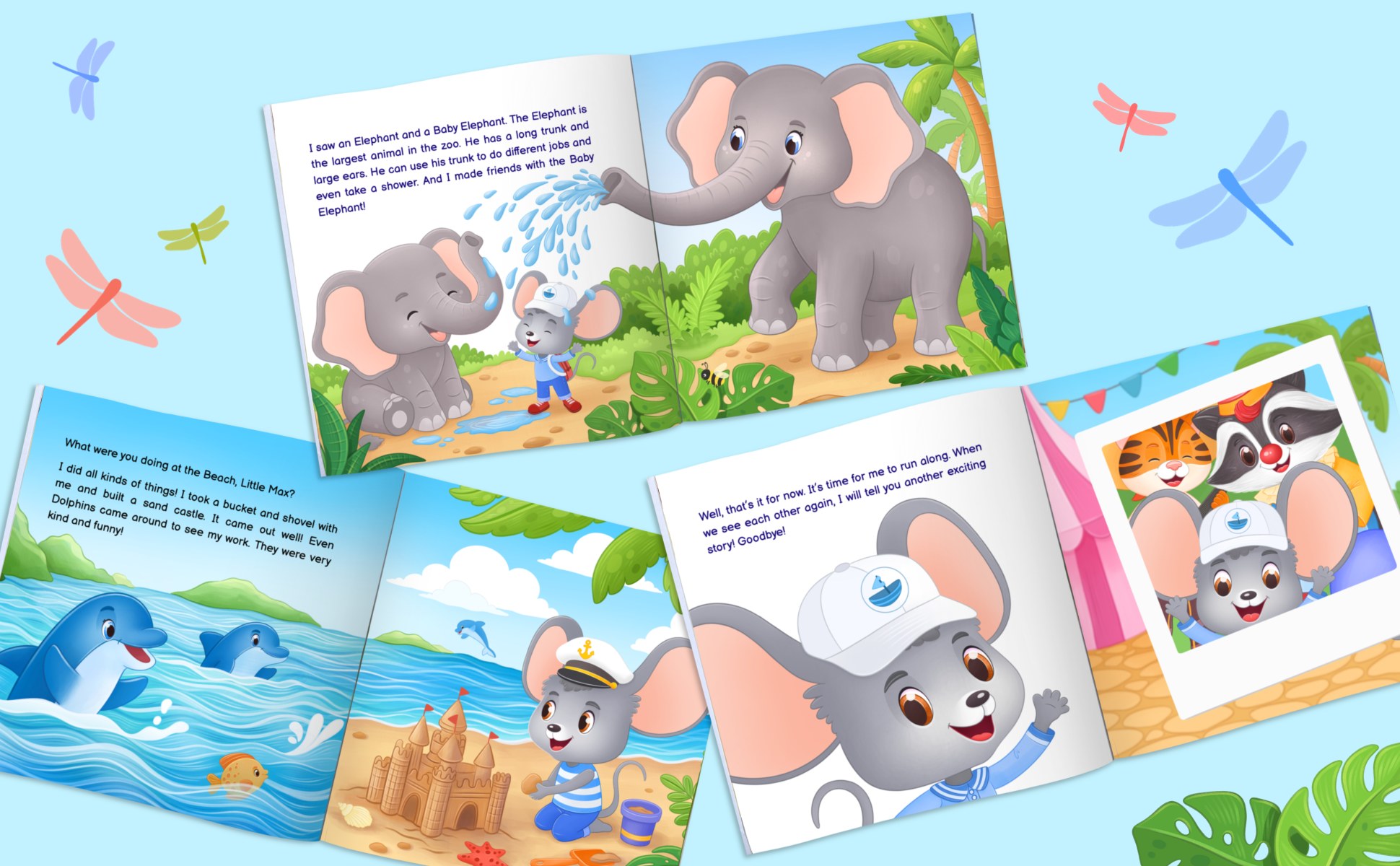 Three more spreads: an elephant showering Max with its trunk, dolphins watching him build a sand castle, and Max waving goodbye at the fair
