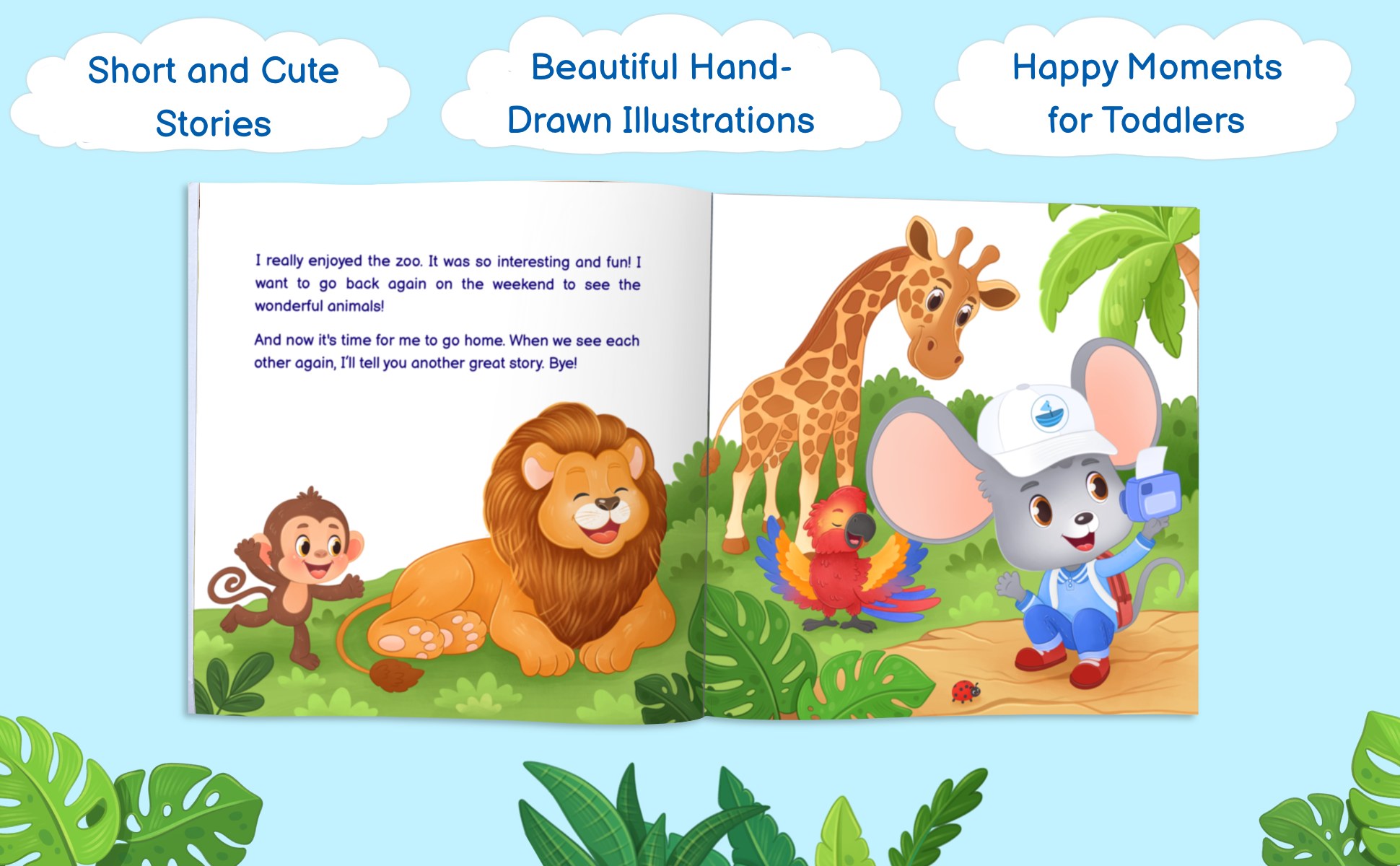 A spread from the book: Max photographs a lion, a monkey and a giraffe at the zoo, with short hand lettered text on the left page