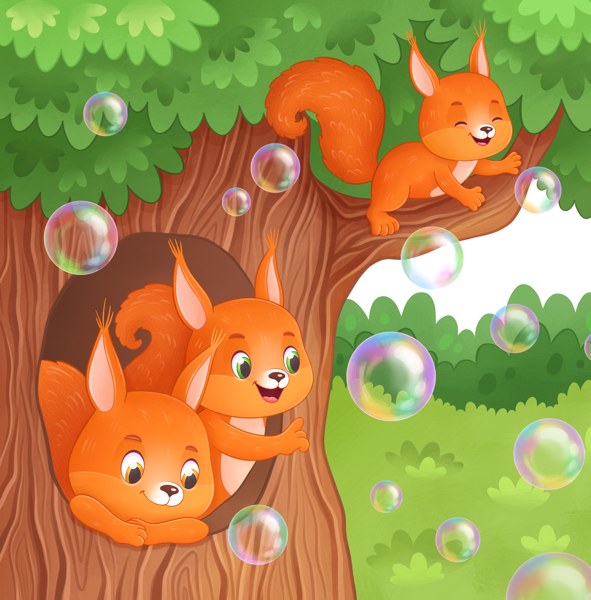 In the park: three red squirrels in an oak tree with soap bubbles floating past