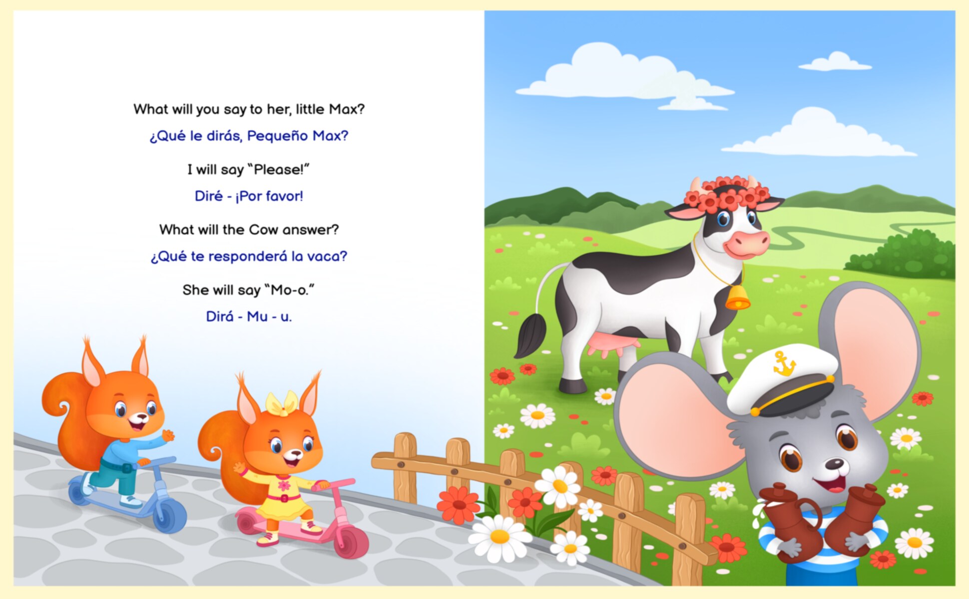 A spread from the book: Max asks the cow for milk and says please, the same words printed in English in black and in Spanish in blue