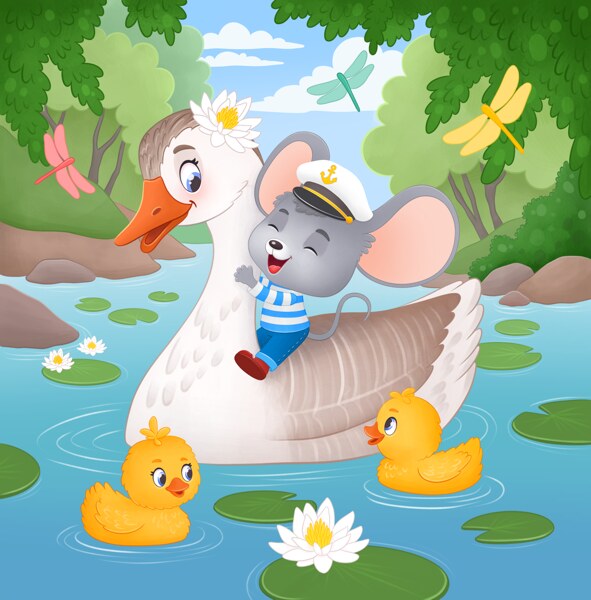 An illustration from the book: Max riding on the goose across the pond, with two ducklings and water lilies around them