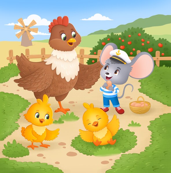 An illustration from the book: Max talking to the hen and her two chicks on the farm path, a basket of eggs beside them