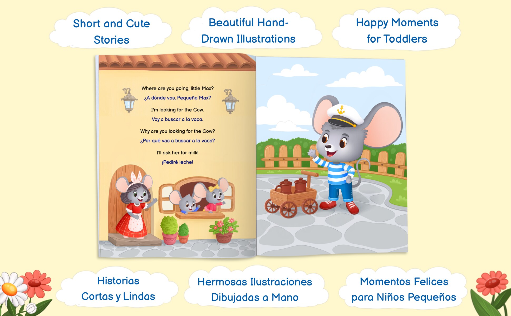 Short stories, hand drawn illustrations and happy moments for toddlers: a spread with the English line above and the Spanish line below it
