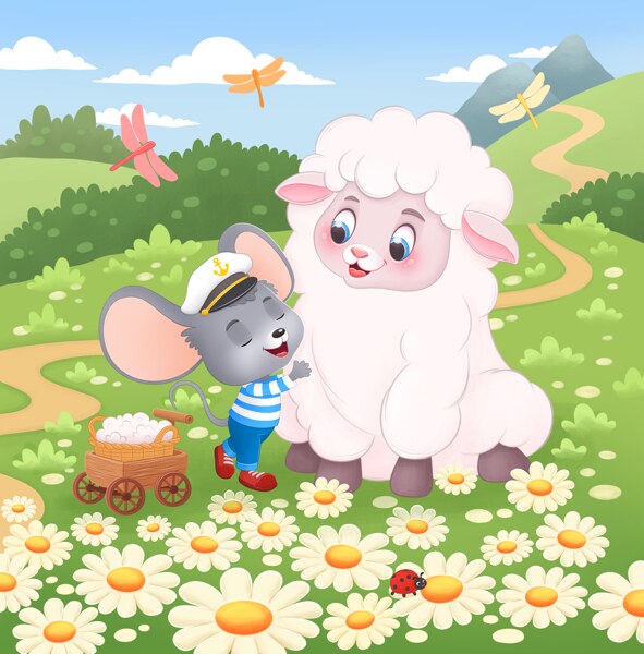 An illustration from the book: Max thanking the sheep in a meadow of daisies, his cart already full of wool