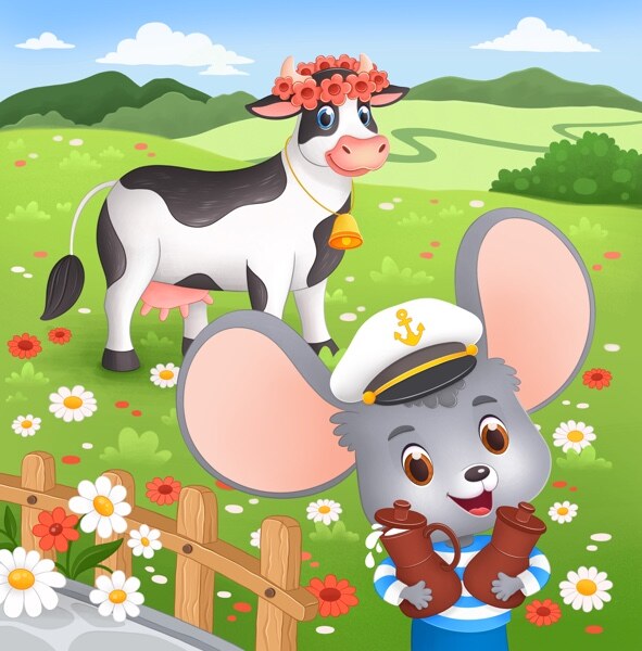 An illustration from the book: Max carrying two jugs of milk away from the meadow where the cow is grazing
