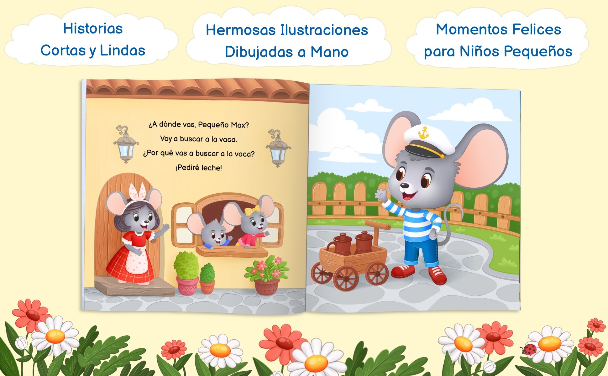 Historias cortas y lindas, ilustraciones dibujadas a mano y momentos felices: una doble página en la que Max sale con su carrito