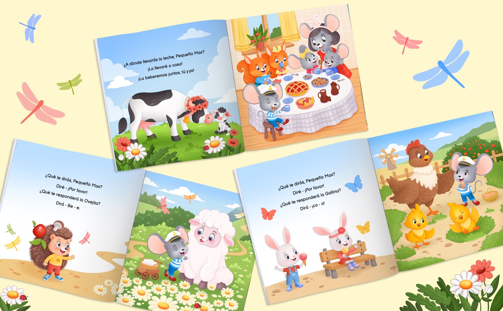 Cuatro dobles páginas del libro: Max pidiéndole a la oveja, a la gallina y a la vaca, y toda la familia en la mesa compartiendo la leche