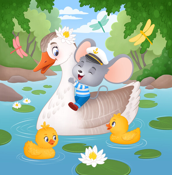 An illustration from the book: Max riding on the goose across the pond, with two ducklings and water lilies around them