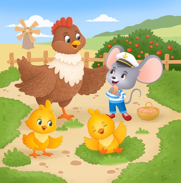 An illustration from the book: Max talking to the hen and her two chicks on the farm path, a basket of eggs beside them