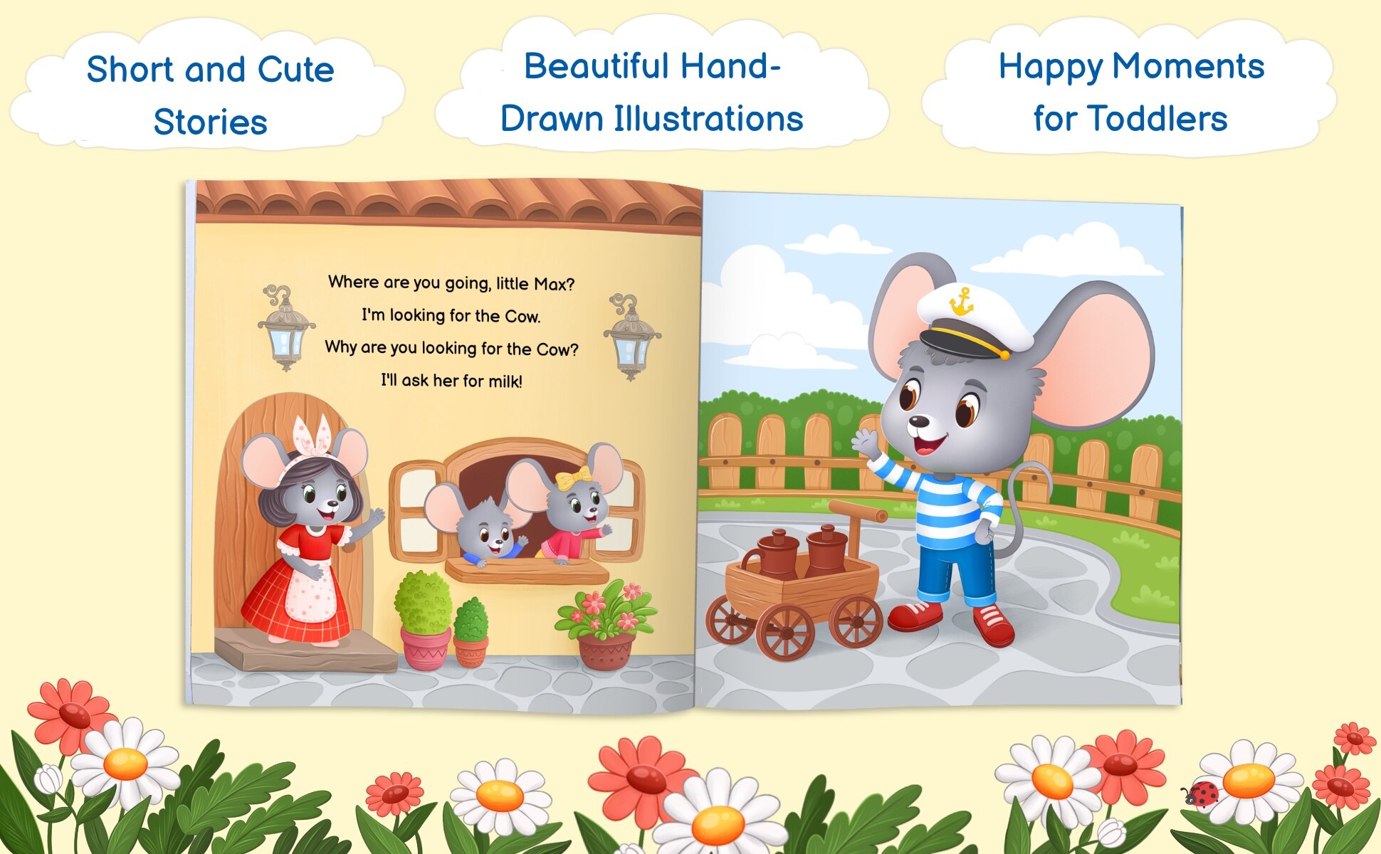 Short and cute stories, hand drawn illustrations and happy moments for toddlers: a spread where Max sets off with his cart