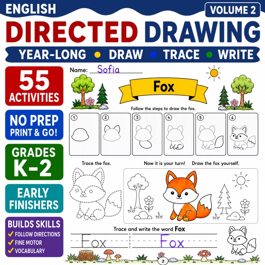 Directed Drawing Worksheets for Grades K-2, Volume 2: Draw, Trace, Write