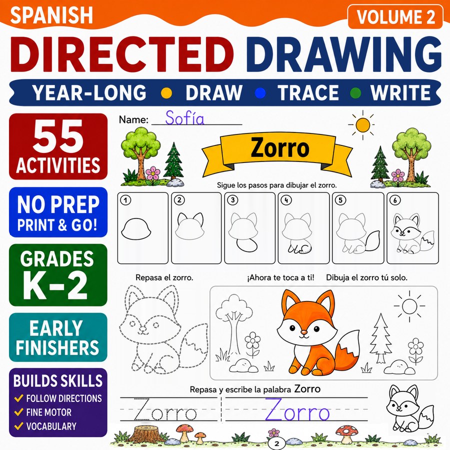 Spanish Directed Drawing Worksheets for Grades K-2, Volume 2: Dibujo Dirigido