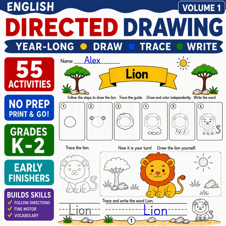 Directed Drawing Worksheets for Grades K-2: Draw, Trace, Write