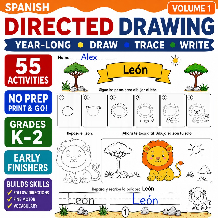 Spanish Directed Drawing Worksheets for Grades K-2: Dibujo Dirigido