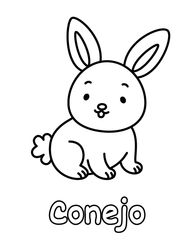 Dibujo de Conejo para colorear gratis para imprimir, contornos gruesos, un animal por página, con el nombre en español