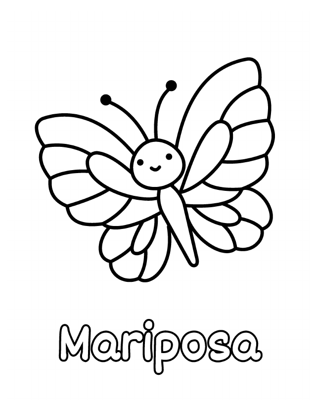Dibujo de Mariposa para colorear gratis para imprimir, contornos gruesos, un animal por página, con el nombre en español