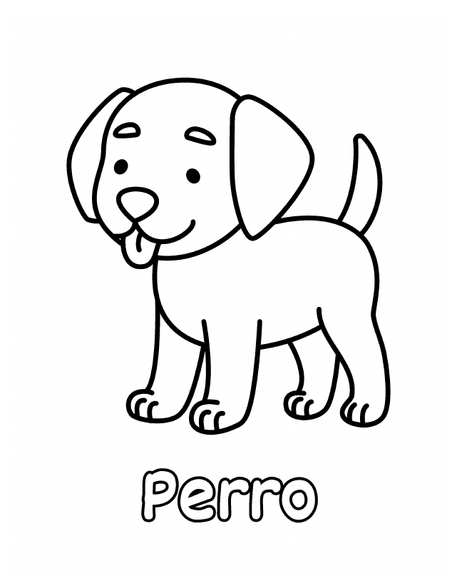 Dibujo de Perro para colorear gratis para imprimir, contornos gruesos, un animal por página, con el nombre en español