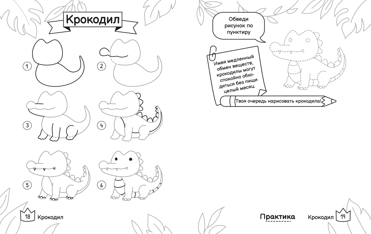 Как нарисовать крокодила поэтапно. Бесплатный разворот для печати: шаги, обводка и место для своего рисунка