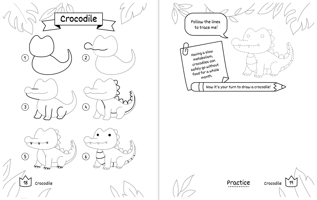 Free printable Crocodile drawing pages: numbered steps on the left page, and on the right page a dotted outline to trace with a wide blank space to draw your own