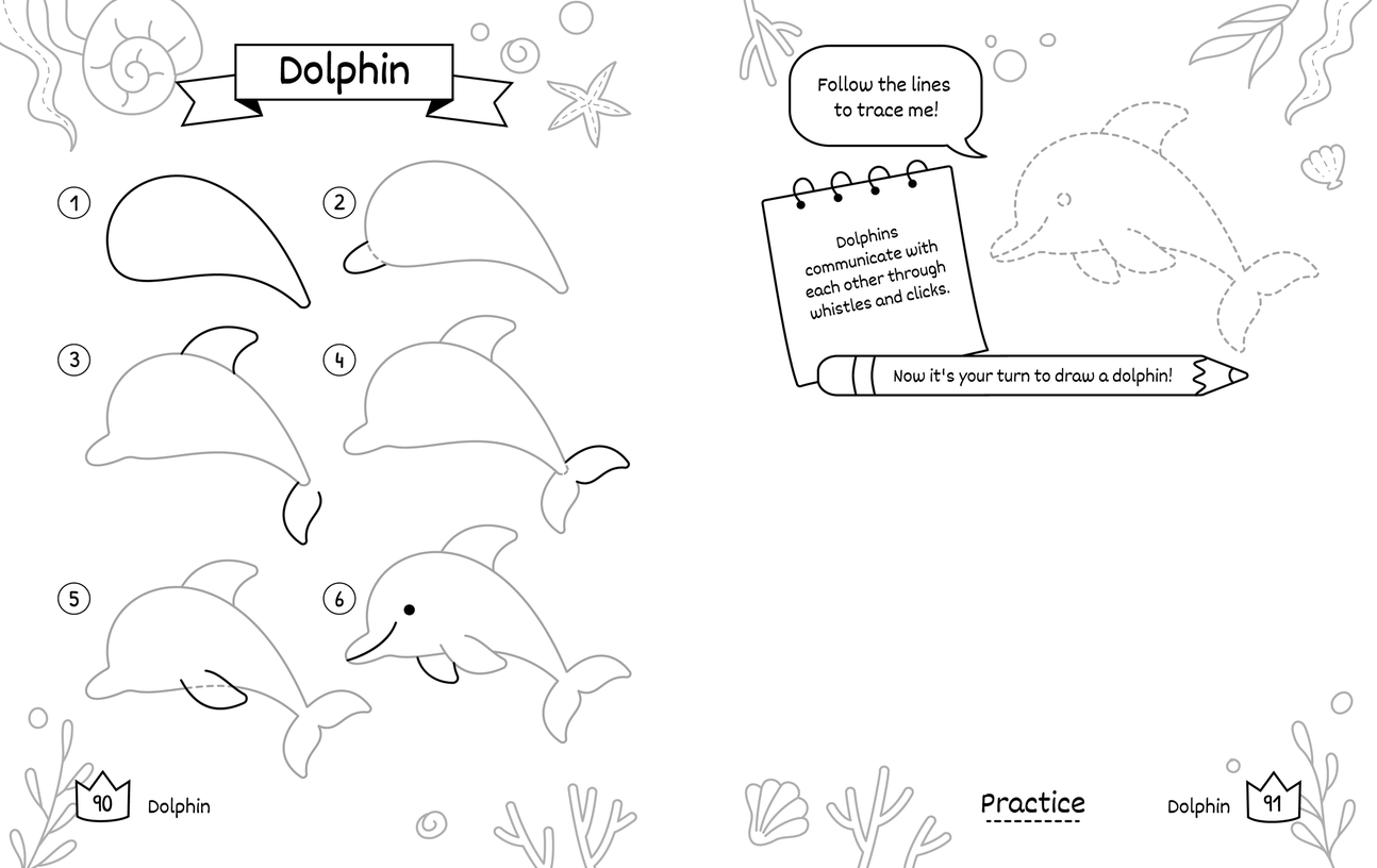 How to draw a dolphin step by step. Free printable spread with the steps, tracing, and space to draw your own