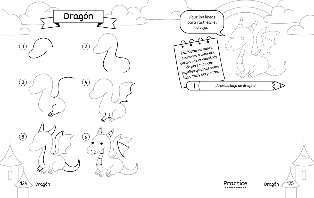 Doble página gratis para imprimir: dragón paso a paso en la hoja izquierda y, en la derecha, el contorno punteado para repasar y un espacio en blanco para dibujar el propio