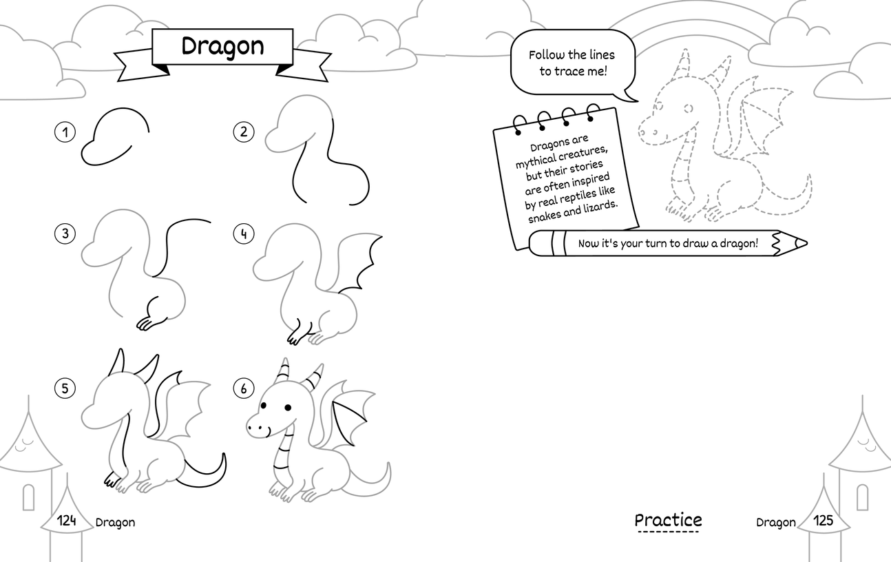 Free printable dragon drawing spread: numbered steps on the left page, a dotted outline to trace on the right, and a blank space to draw your own