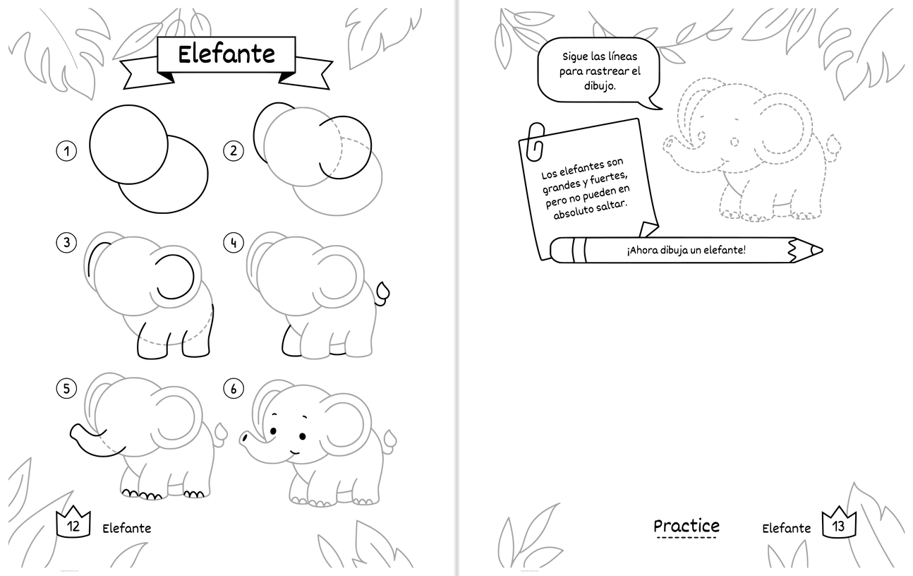 Láminas para dibujar Elefante gratis para imprimir: los pasos numerados en la hoja izquierda y, en la derecha, la línea punteada para repasar y un espacio amplio en blanco para dibujar el propio