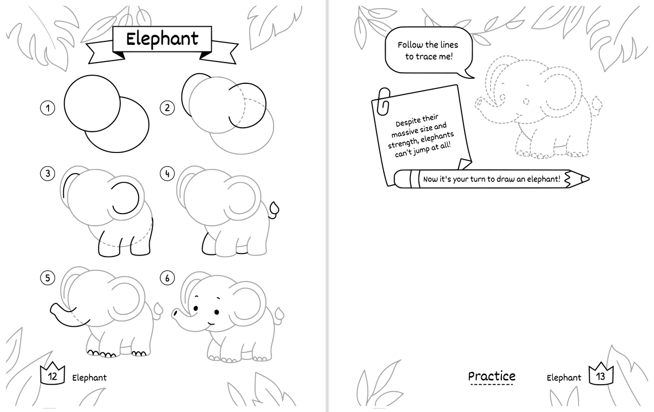 Free printable Elephant drawing pages: numbered steps on the left page, and on the right page a dotted outline to trace with a wide blank space to draw your own