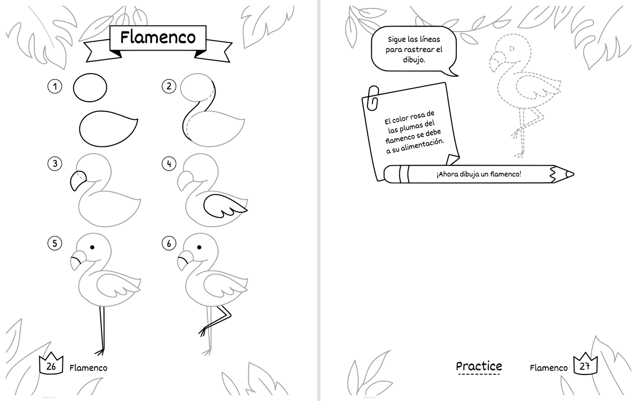 Láminas para dibujar Flamenco gratis para imprimir: los pasos numerados en la hoja izquierda y, en la derecha, la línea punteada para repasar y un espacio amplio en blanco para dibujar el propio