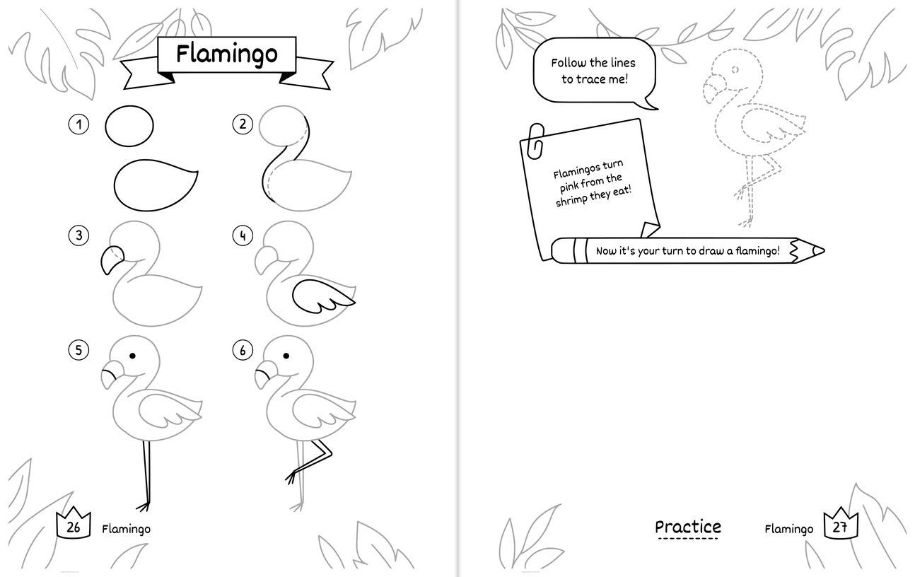 Free printable Flamingo drawing pages: numbered steps on the left page, and on the right page a dotted outline to trace with a wide blank space to draw your own