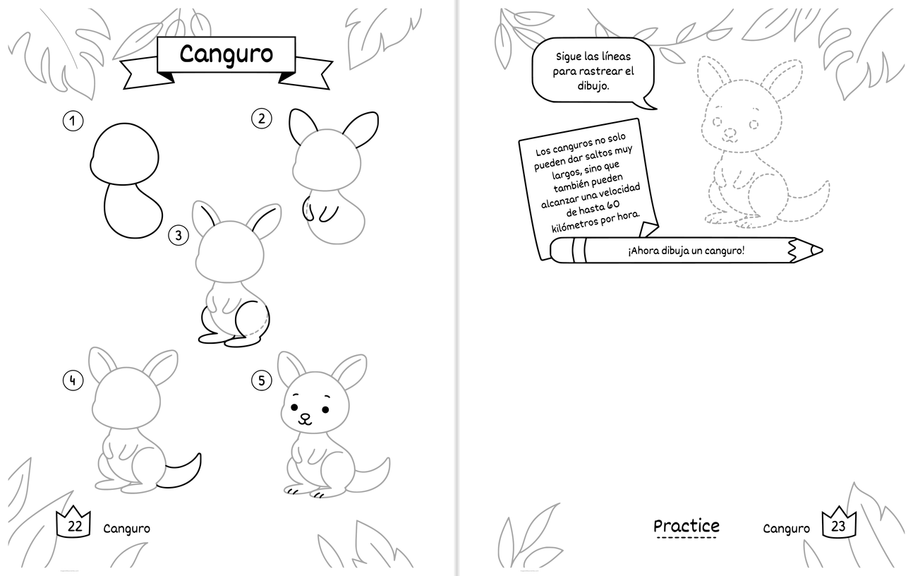 Láminas para dibujar Canguro gratis para imprimir: los pasos numerados en la hoja izquierda y, en la derecha, la línea punteada para repasar y un espacio amplio en blanco para dibujar el propio