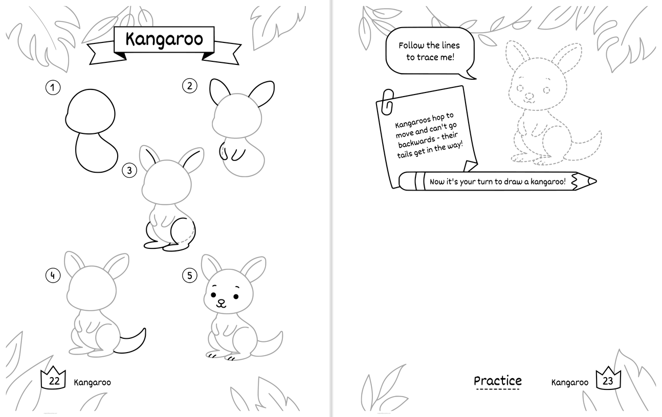 Free printable Kangaroo drawing pages: numbered steps on the left page, and on the right page a dotted outline to trace with a wide blank space to draw your own