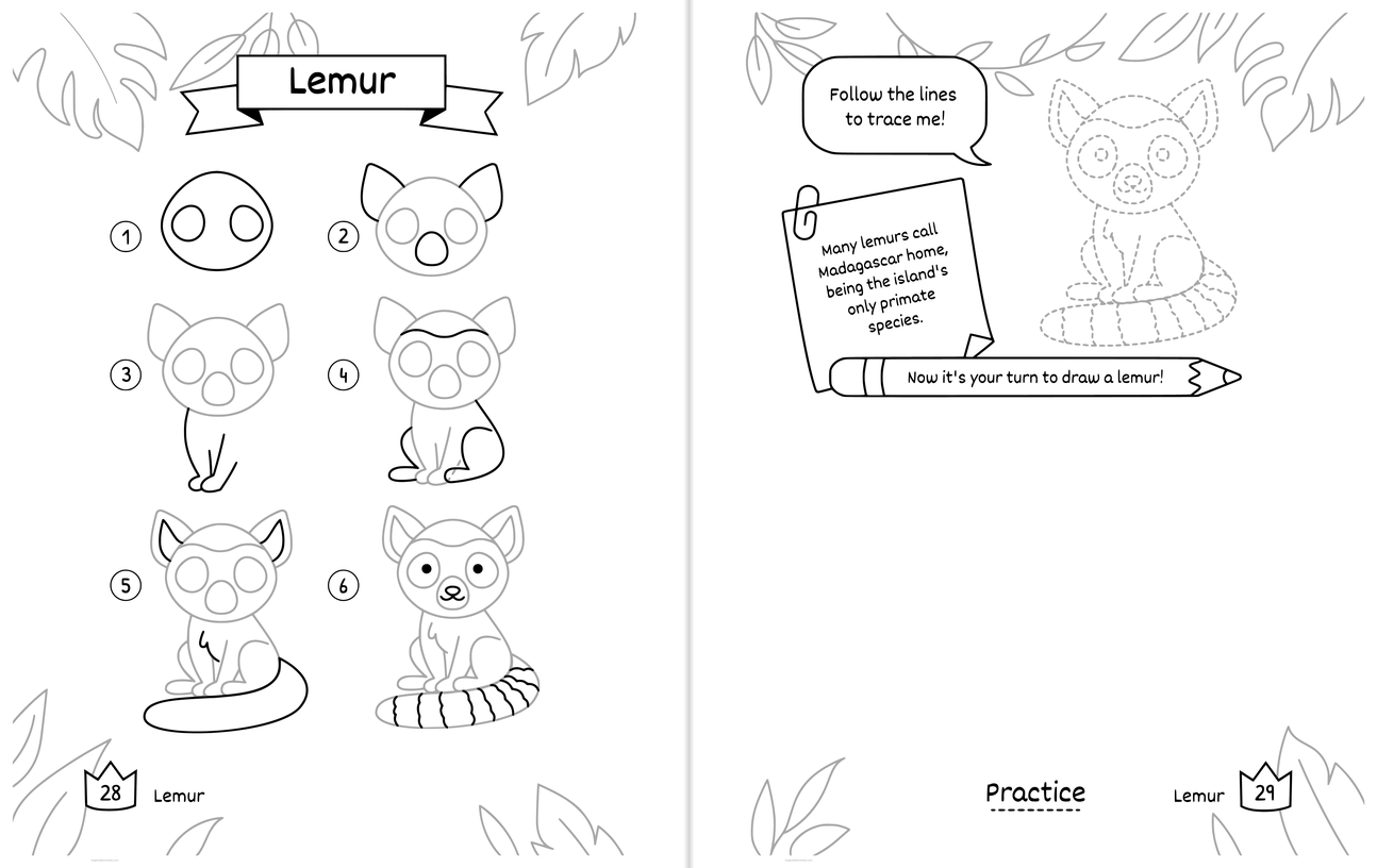 Free printable Lemur drawing pages: numbered steps on the left page, and on the right page a dotted outline to trace with a wide blank space to draw your own