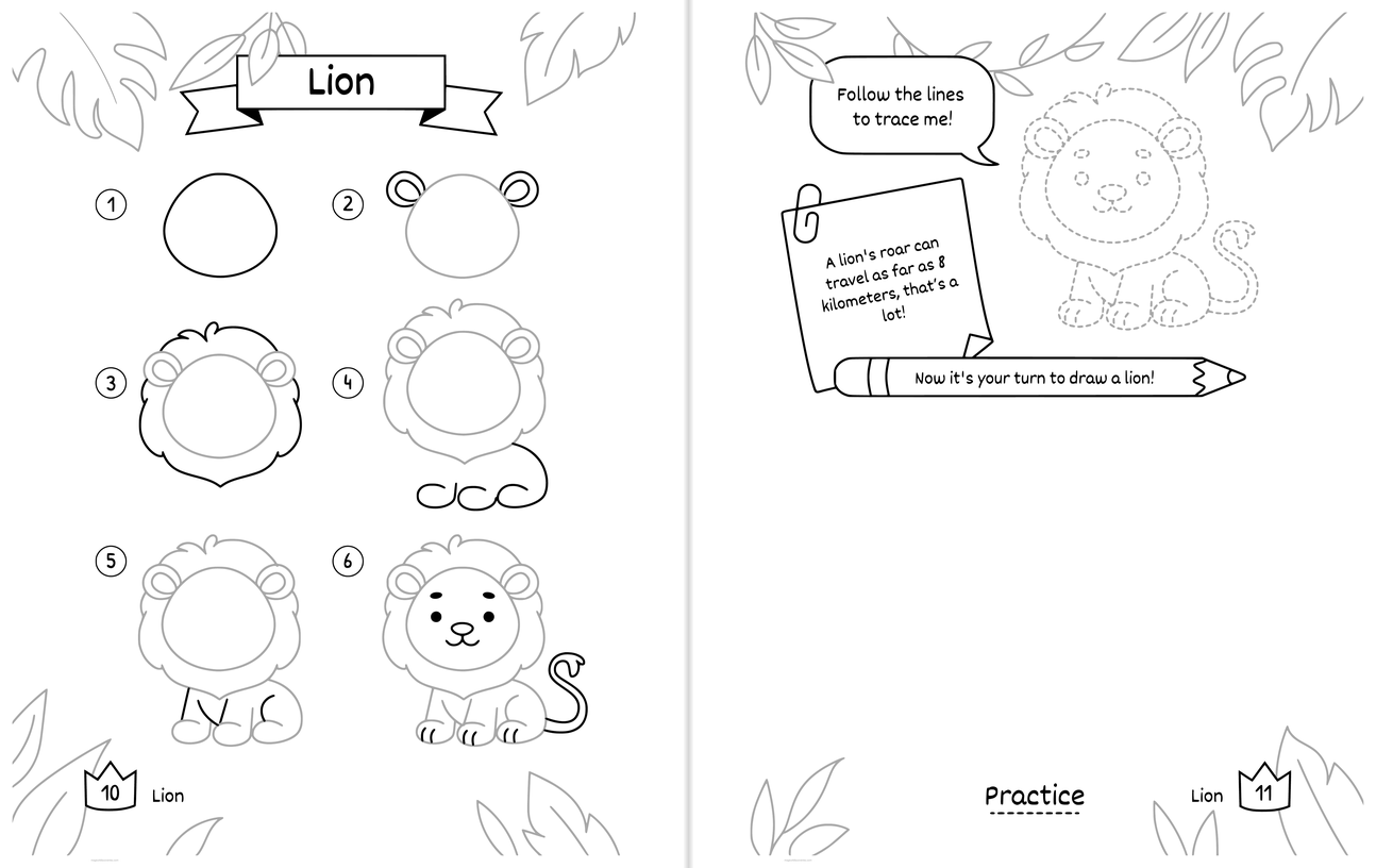 Free printable Lion drawing pages: numbered steps on the left page, and on the right page a dotted outline to trace with a wide blank space to draw your own
