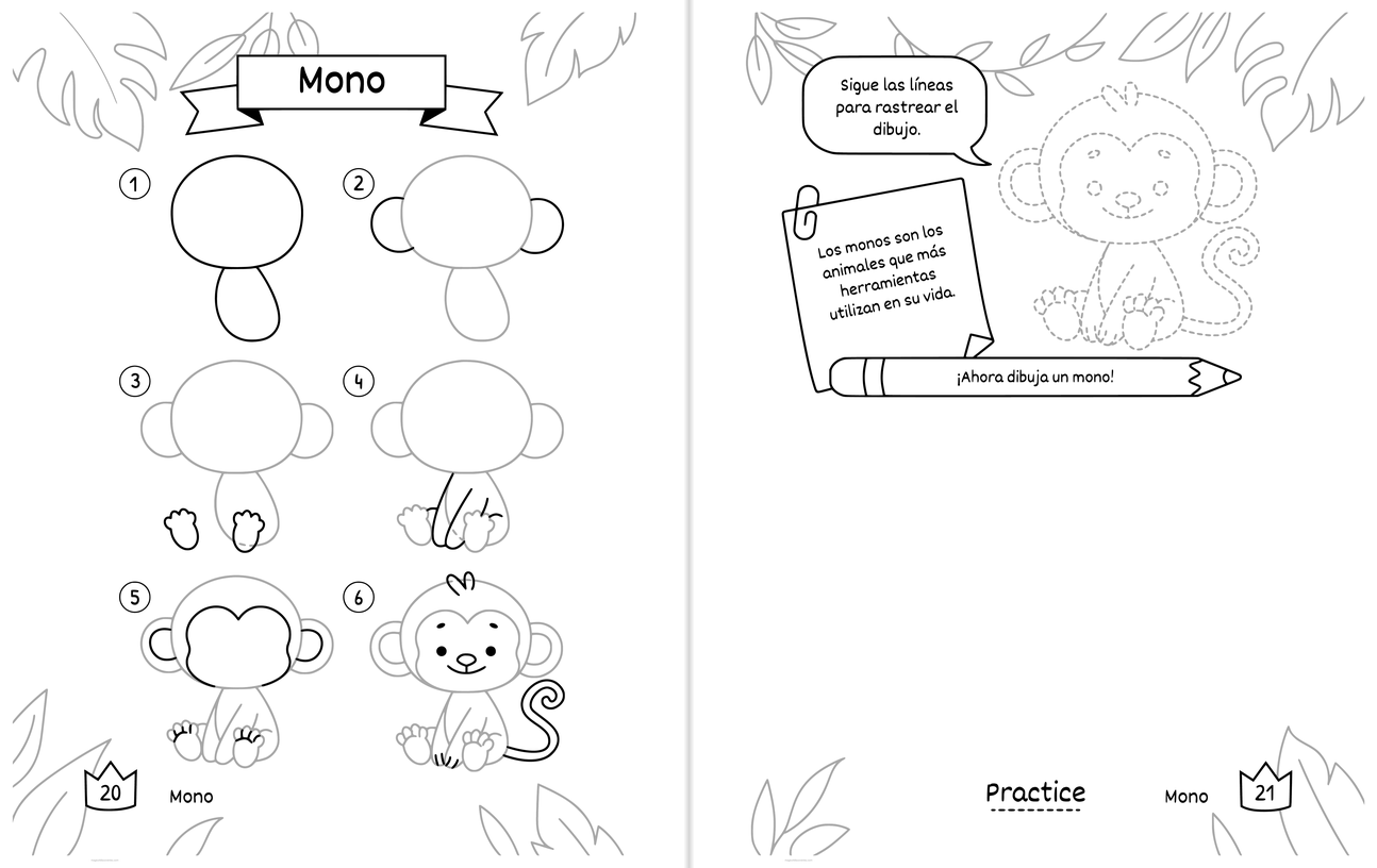 Láminas para dibujar Mono gratis para imprimir: los pasos numerados en la hoja izquierda y, en la derecha, la línea punteada para repasar y un espacio amplio en blanco para dibujar el propio