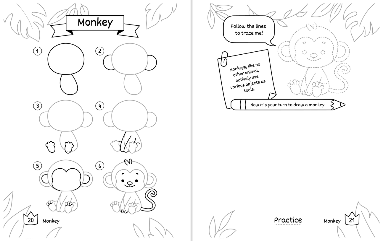 Free printable Monkey drawing pages: numbered steps on the left page, and on the right page a dotted outline to trace with a wide blank space to draw your own