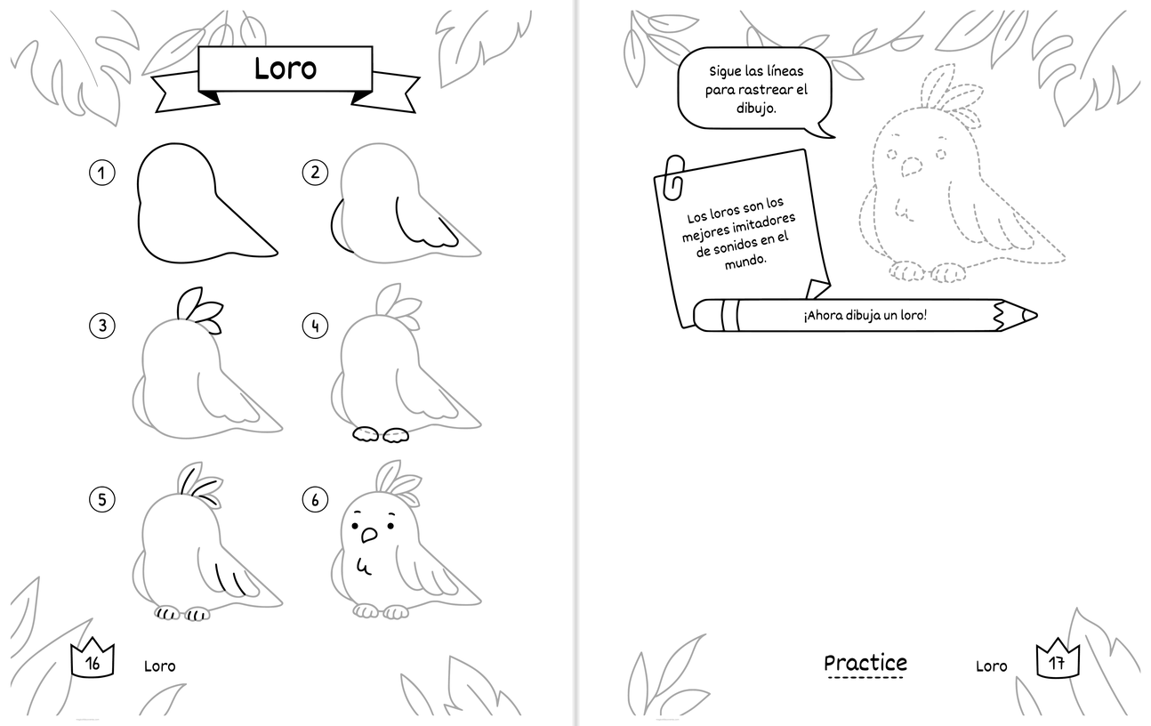 Láminas para dibujar Loro gratis para imprimir: los pasos numerados en la hoja izquierda y, en la derecha, la línea punteada para repasar y un espacio amplio en blanco para dibujar el propio