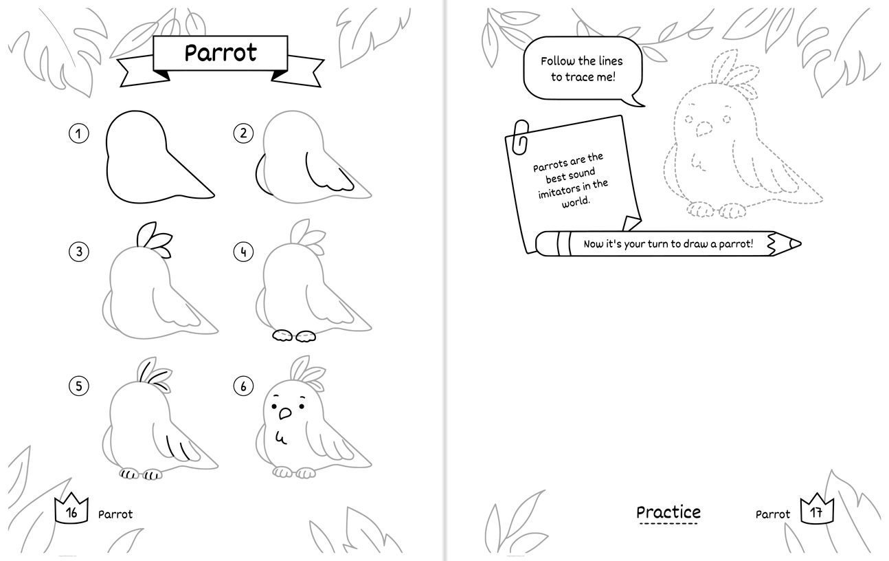 Free printable Parrot drawing pages: numbered steps on the left page, and on the right page a dotted outline to trace with a wide blank space to draw your own